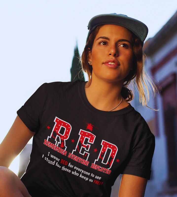 Red designs on black T-shirts