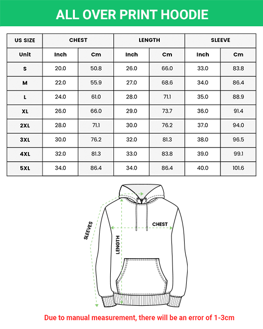 custom all over print hoodie size chart